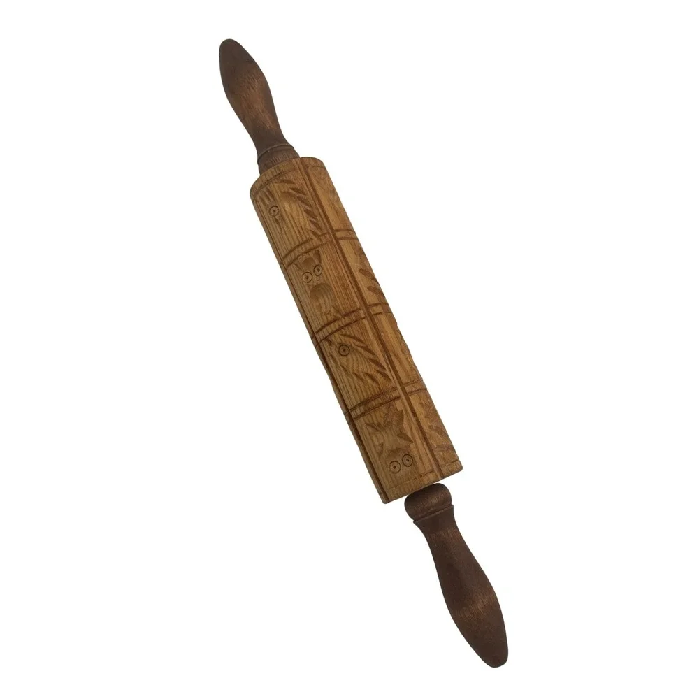 Vintage Wooden Springerle Rolling Pin Carved Embossing Cookie Mold Owls Birds